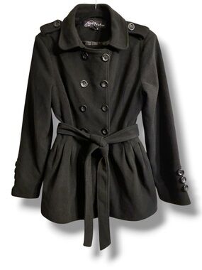 🖤 Pristine Black Peacoat Jacket Belted Double Breasted Size L NWOT